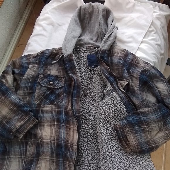 Kmart Basic Edition Jackets & Coats Flannel Hooded Shirt Jacket Blue Gray Plaid Flannel